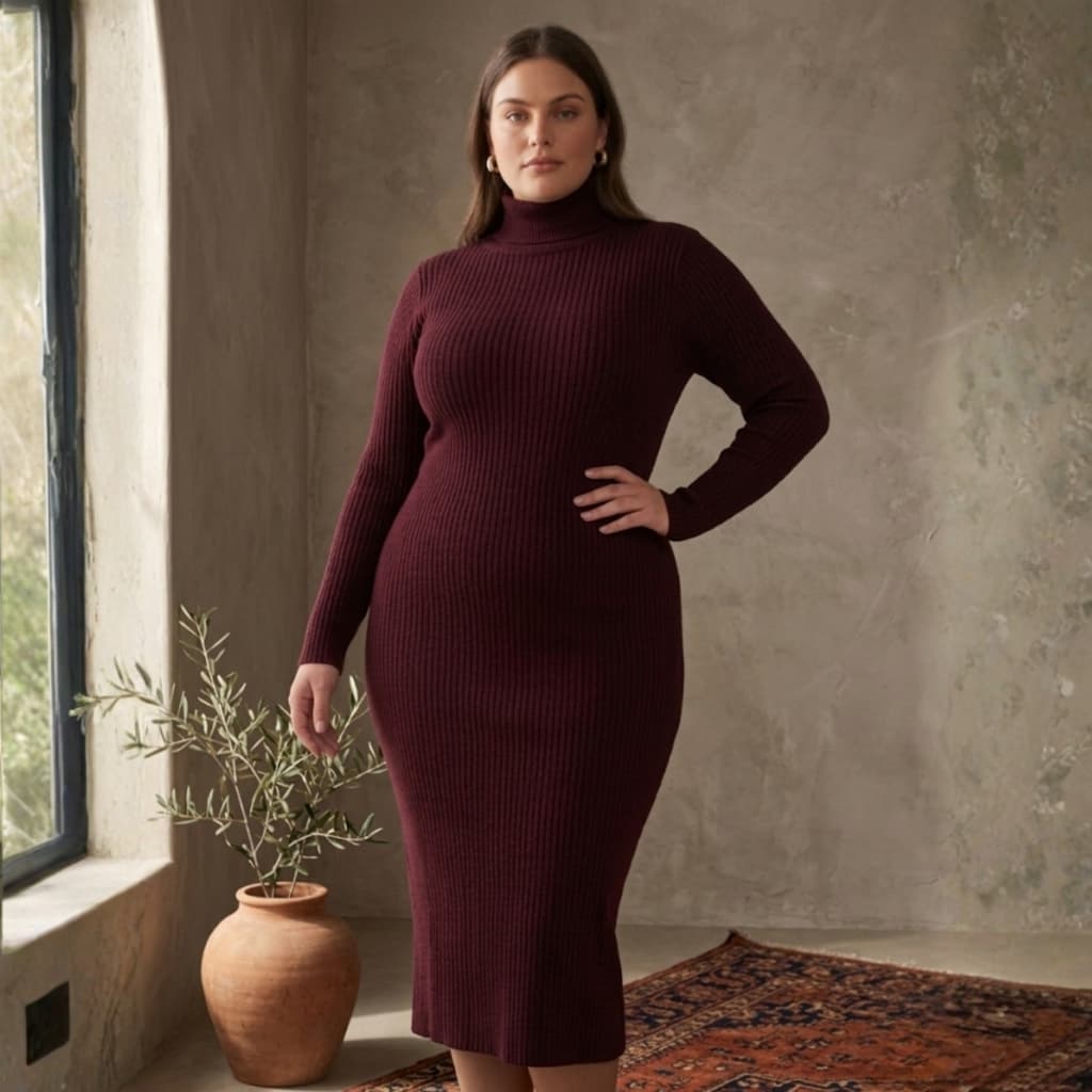 Vestido Midi Tricot Canelado Gola Alta Manga Longa Plus Size Luxo Veste 42 ao 48 Inverno Modal