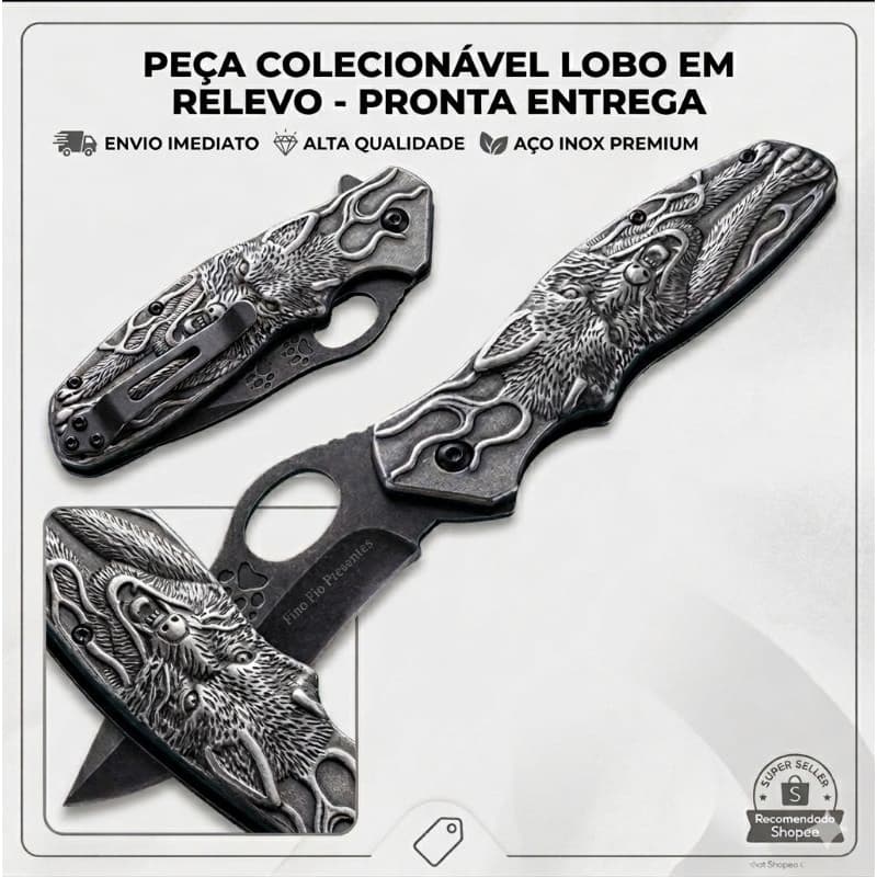 Faca Artesanal semi-automática alto relevo em inox 440c para colecionadores