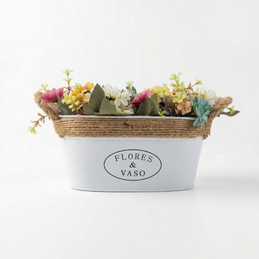 Cachepo Arranjo Flores & Vaso Floreira Metal E Alça De Corda