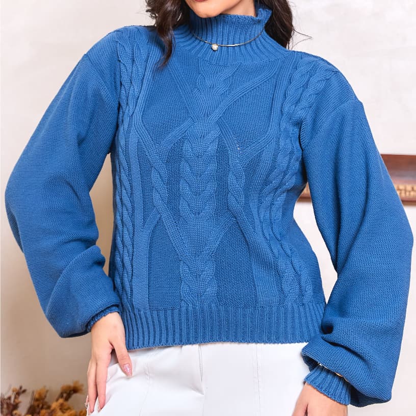 Blusa Gola Alta Tricot Feminina Gola Alta Trancada Manga Longa Inverno Elegante Confortavel Moda