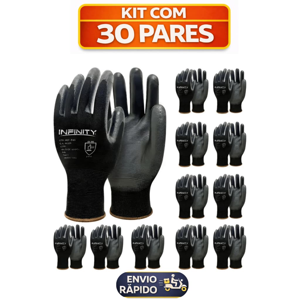 Kit 30 Luvas de Segurança Multitato PU Black P/M/G/GG EPI para Mecânico, Pedreiro e Eletricista