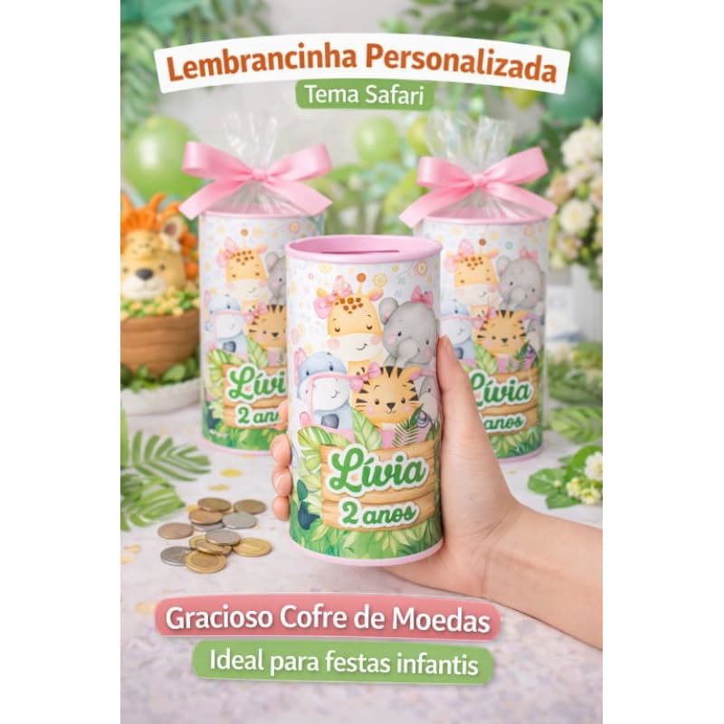 COFRINHO PERSONALIZADO TEMA SAFARI ROSA + EMBALAGEM + LAÇO- FAZEMOS EM TODOS OS TEMAS