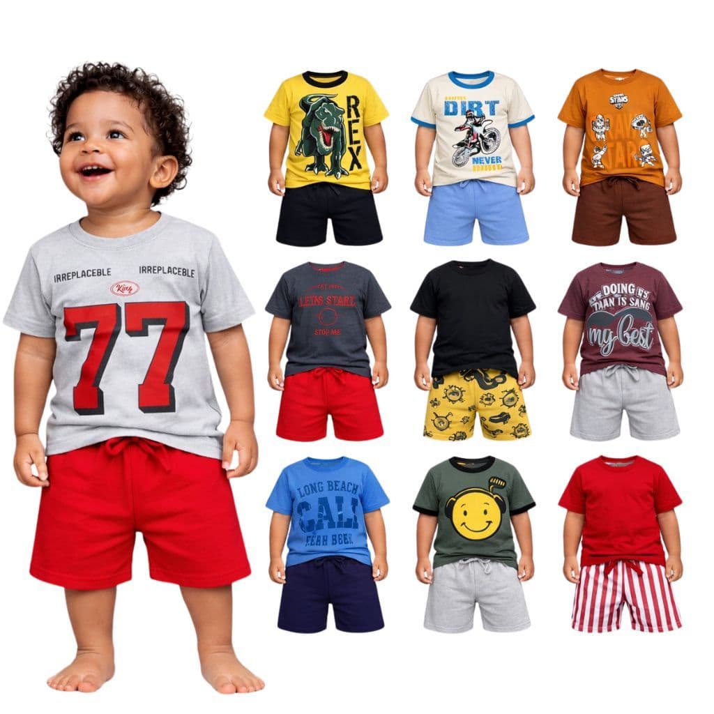 Kit com 8 Peças Sortidas Conjunto De Verão Infantil Menino 4 Camisas e 4 Bermudas Veste Do 2 Ao 12 Anos