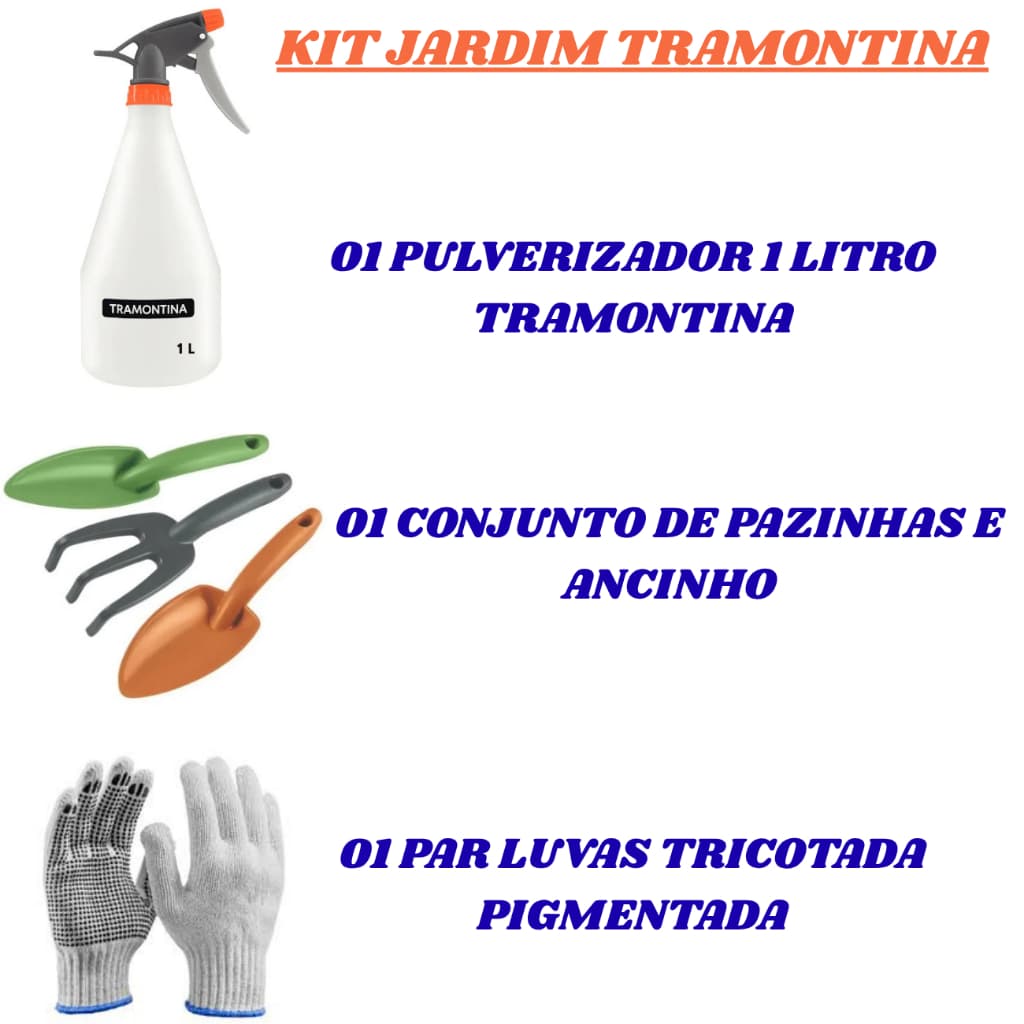 Kit Jardinagem Conjunto de Pazinhas Pulverizador 1 Litro Tramontina  e Luva Tricotada Pigmentada