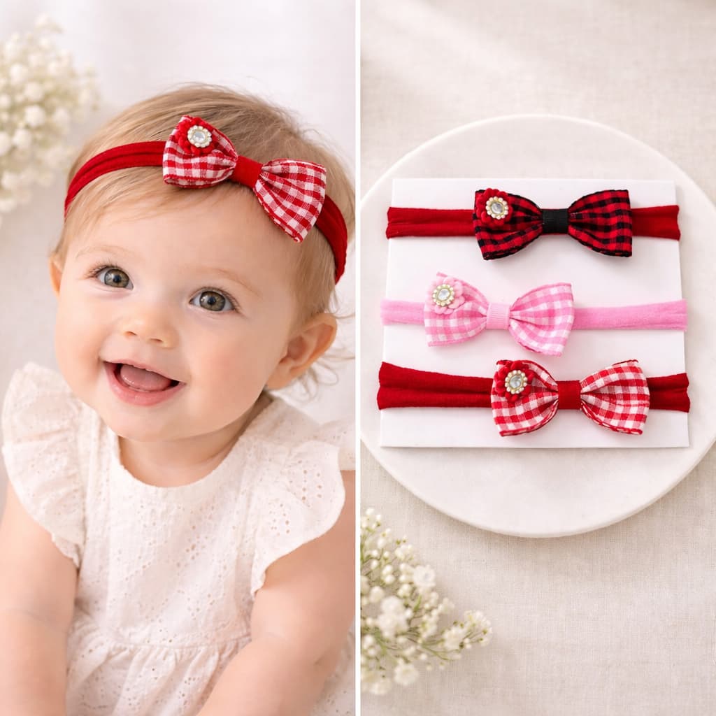 Kit 3 Faixinhas de Bebê Luxo com Laço Xadrez e Pérola – Tiara Infantil Menina