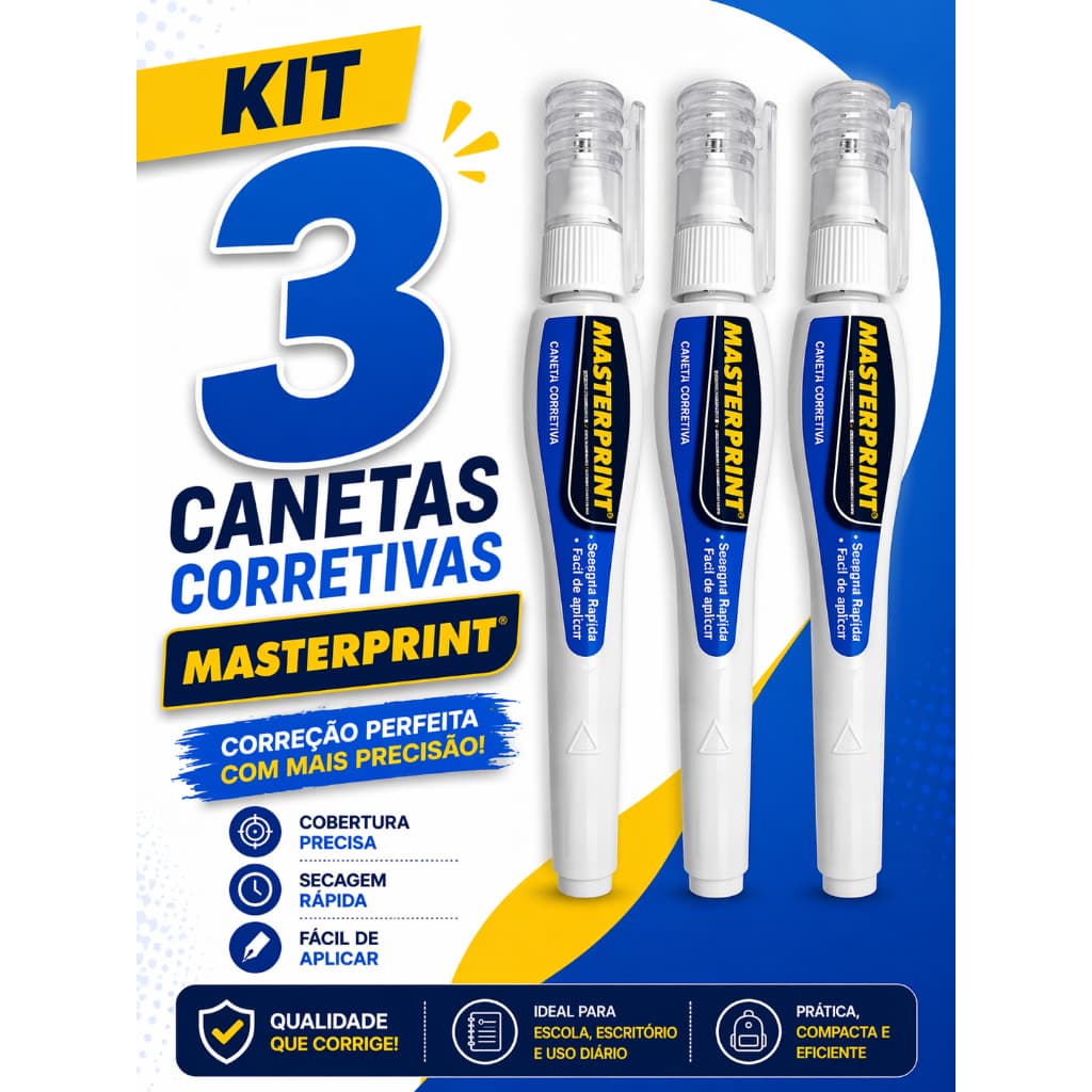 Kit 3 Canetas Corretivas Ponta Metálica Masterprint Escola Escritório
