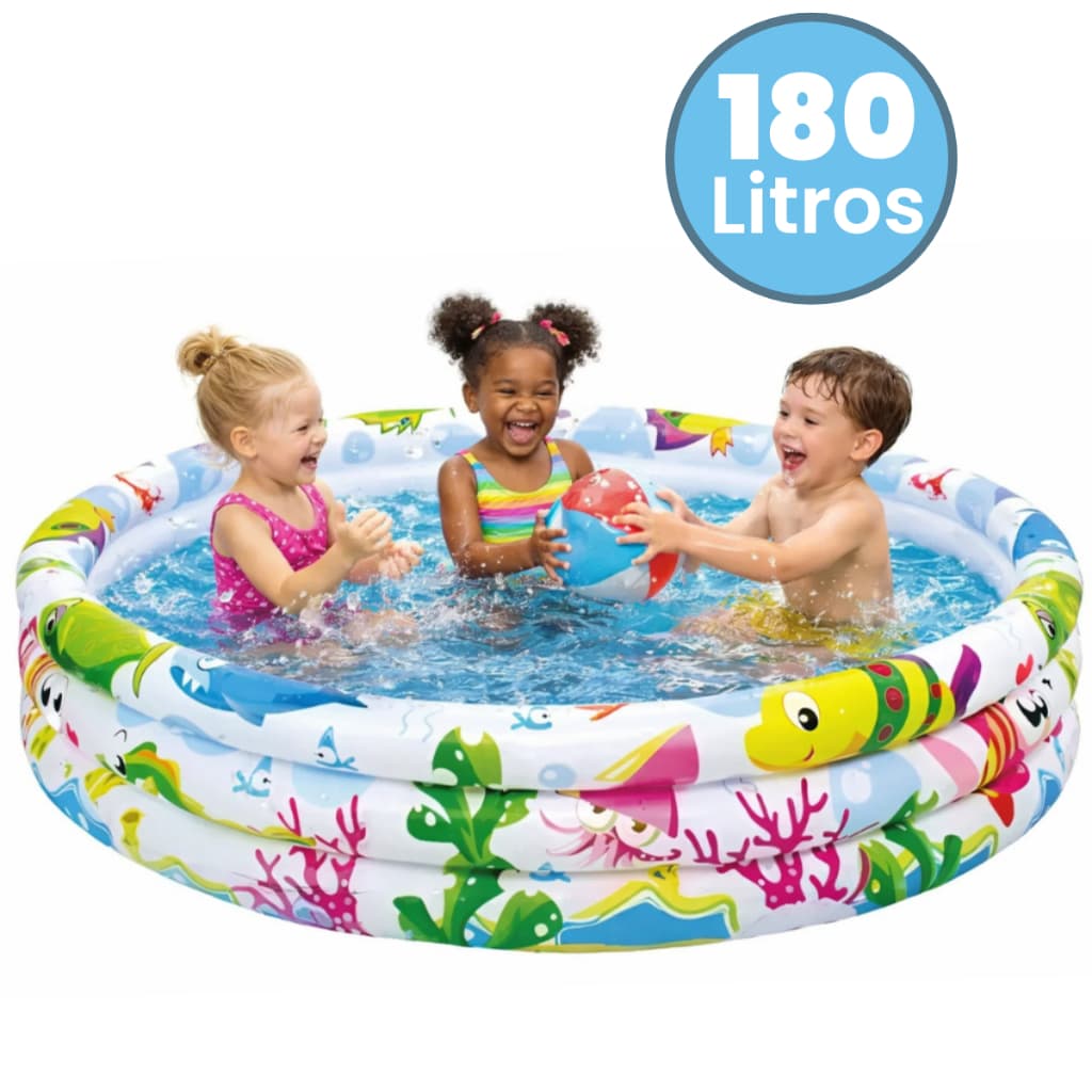 Piscina Infantil Inflável Redonda 180 Litros 3 Anéis Fundo Do Mar