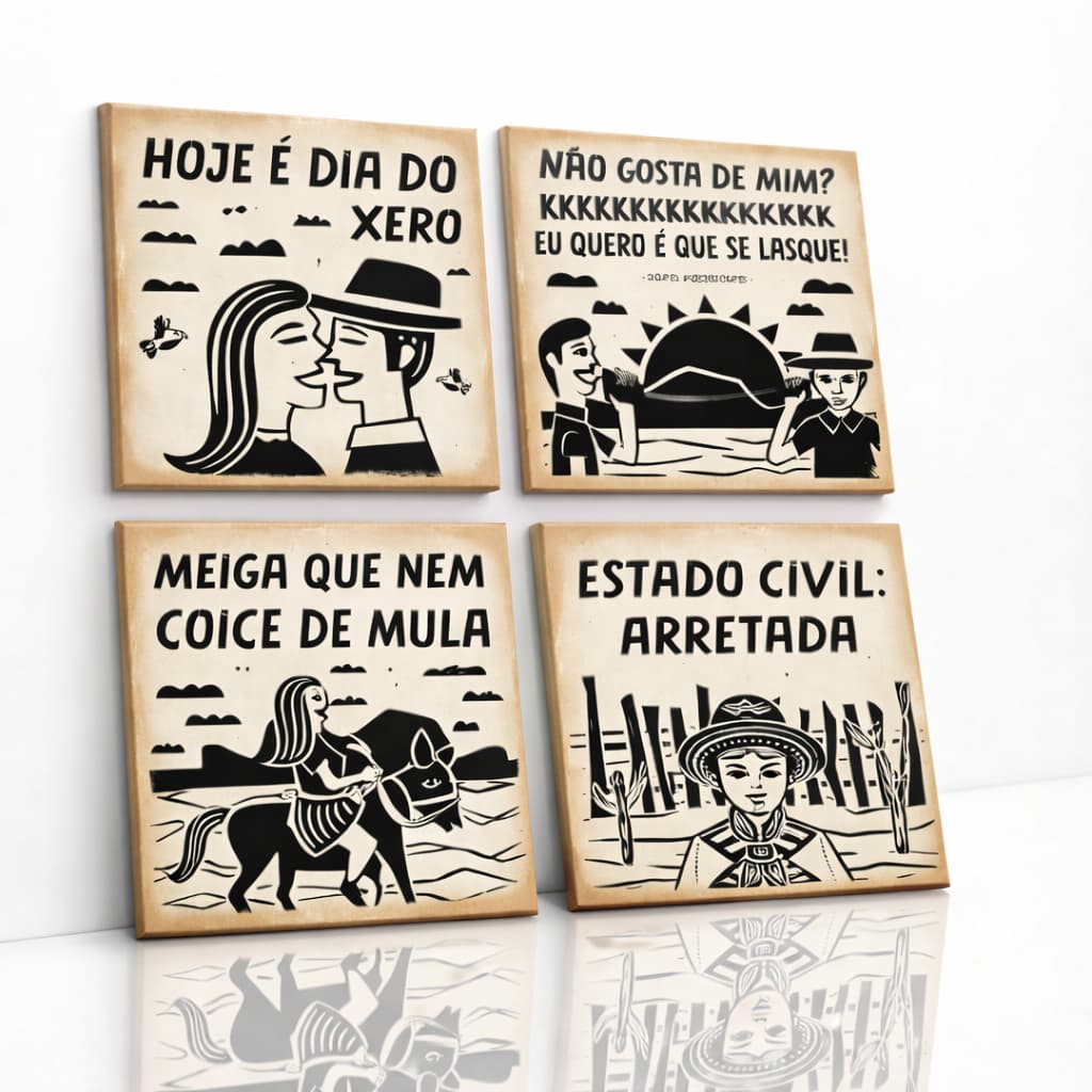 Kit 4 Quadros Nordestinos Xilogravura Frases Nordeste Cordel Placa Decorativa MDF Sala Cozinha Quarto Decoração Regional