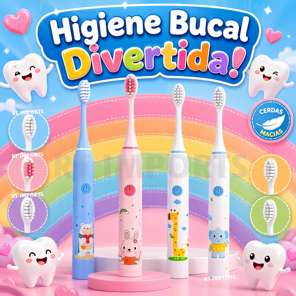 Escova Dente Eletrica Infantil Ultra Sonica Recarregavel Bivolt 4 Cabeças Refil USB Crianças Cerdas Macias Fofa 1 A 3