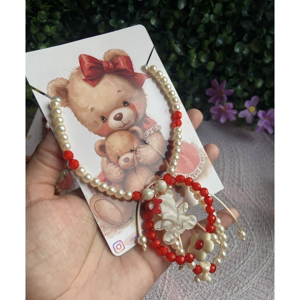 kit infantil, colar e pulseira , ursinha vermelha, acessórios infantil