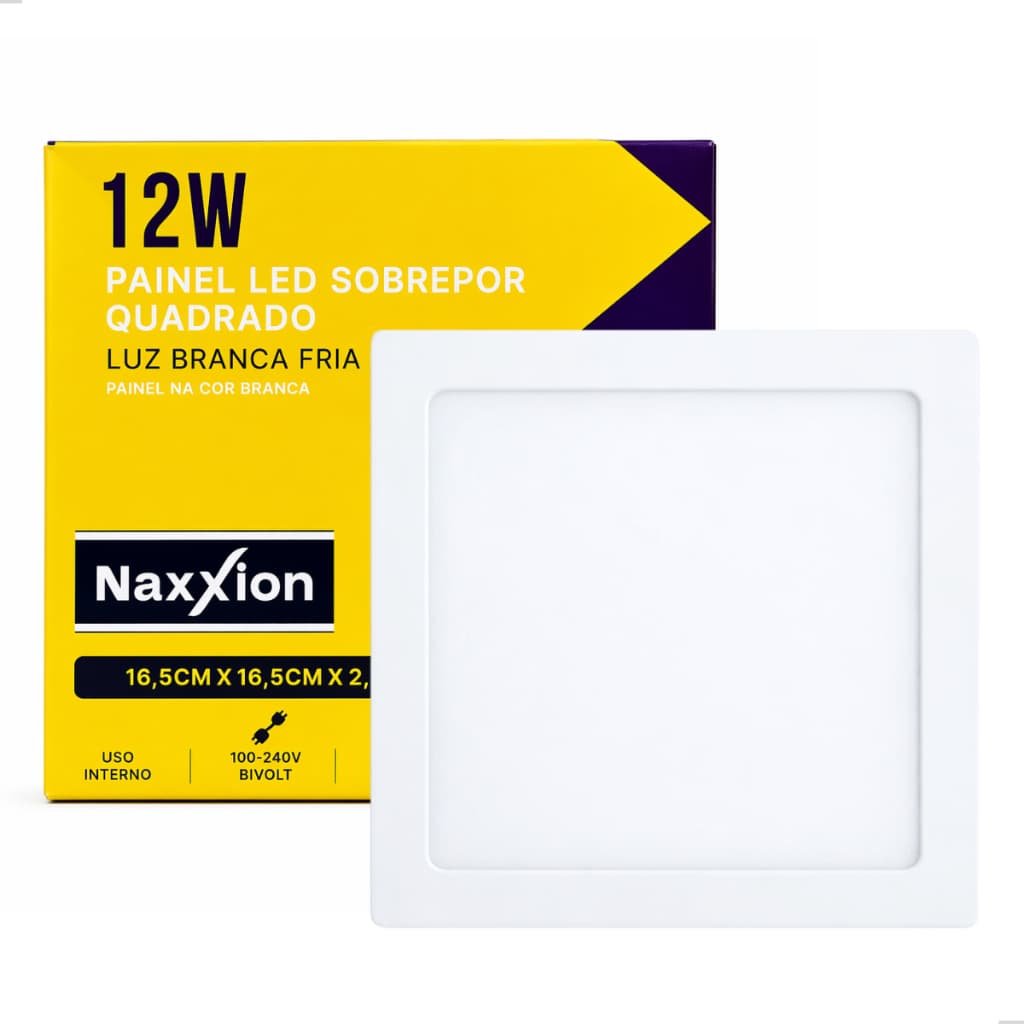 Painel LED Quadrado Sobrepor 12W Iluminação Uniforme Interna
