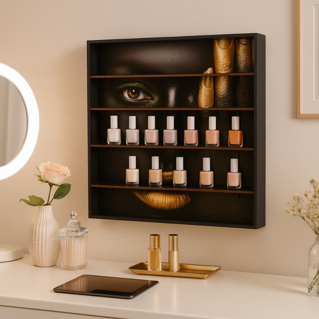 Expositor De Esmaltes Com Fundo Decorado Adesivado