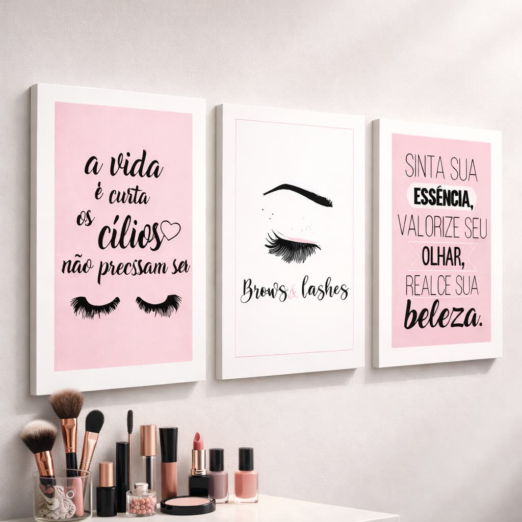 Placa Quadro Decorativo Kit 3 Peças Design Cílios Salão Brows E Lashes