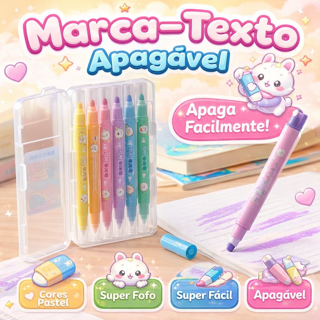 Kit Marca Texto Apagável Prático Colorido Não Mancha 6 Cores