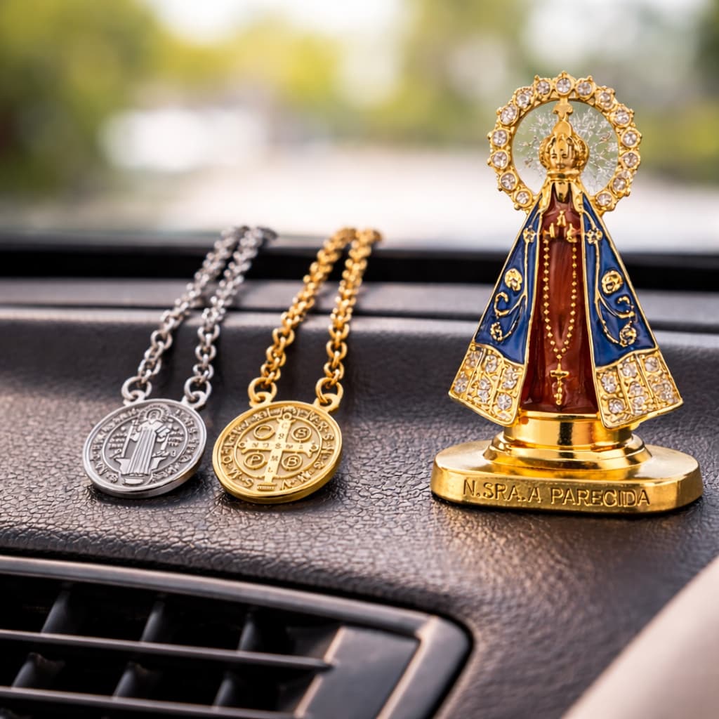 Kit Escapulário São Bento Aço Inox E Nossa Senhora Aparecida Carro