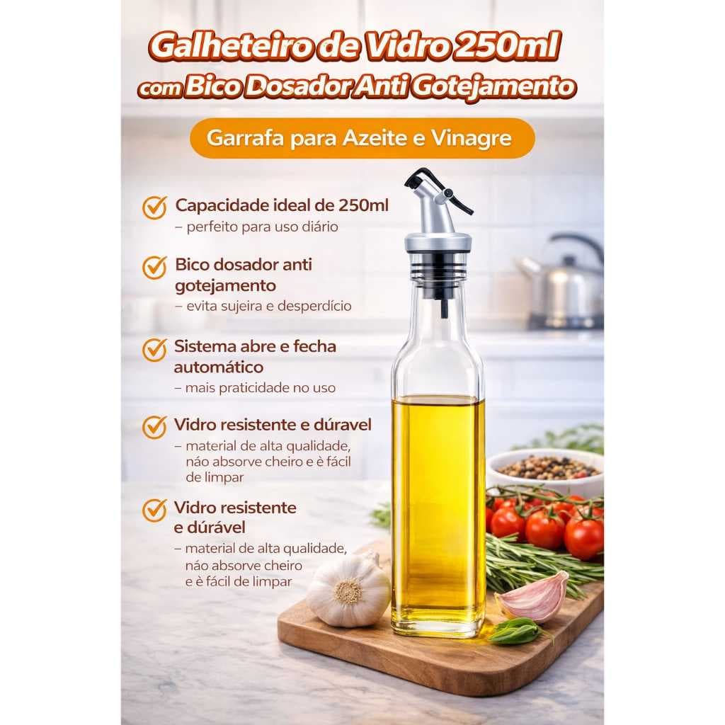 Dispenser de Azeite 250ml Vidro Resistente com Bico Dosador Anti Gotejo Cozinha Prática