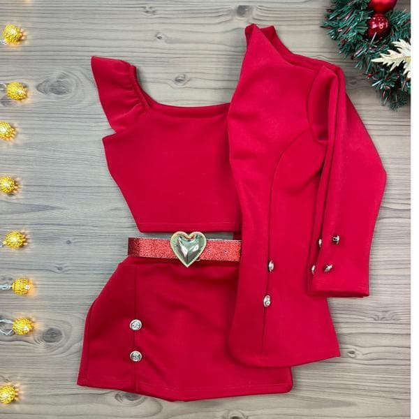 Conjunto Inverno Infantil Casaco Cropped E Saia Mini Diva Look Alfaiataria Completo Moda Estilosa Blogueira