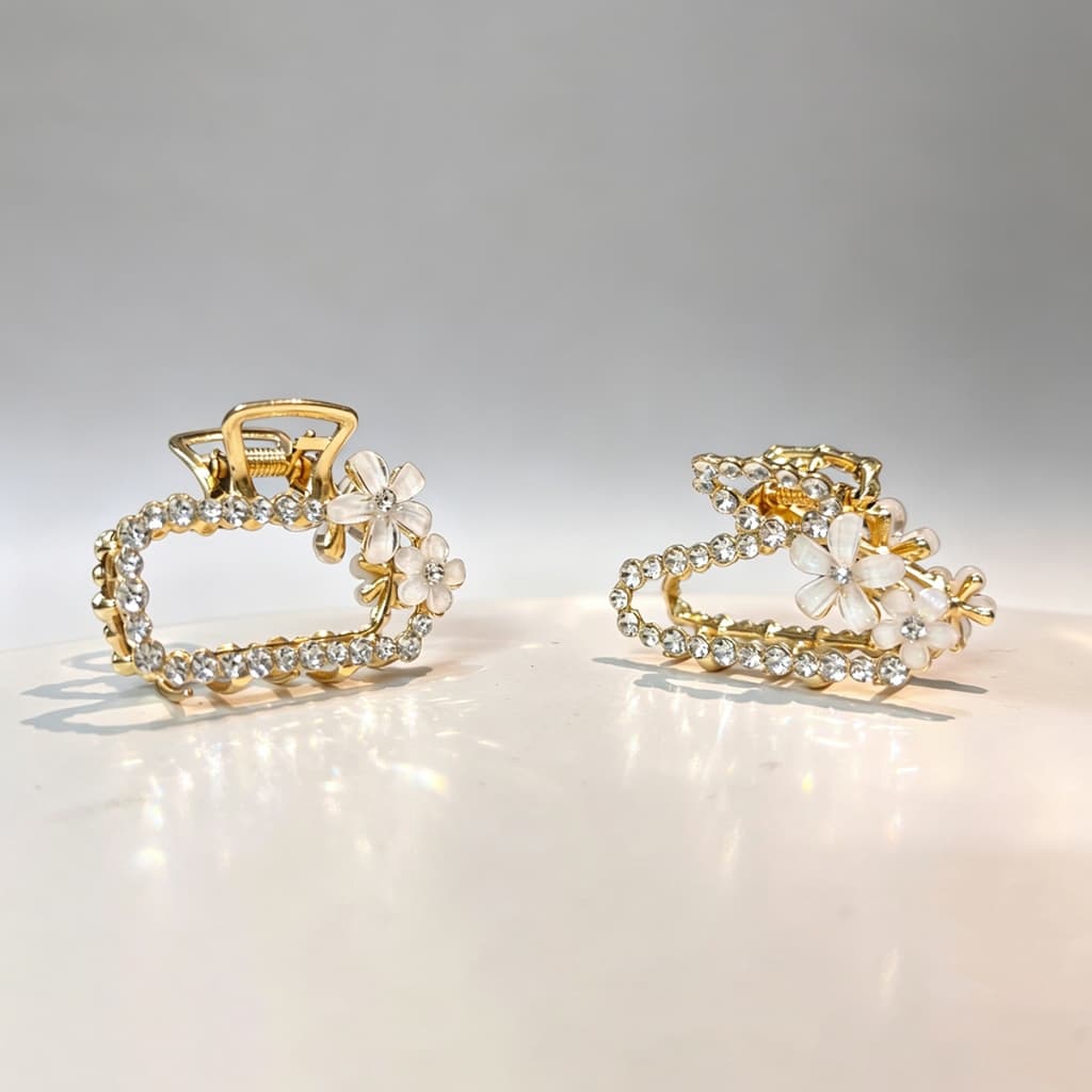 Piranha de cabelo Dourado de luxo de metal com flor e diamantes strass