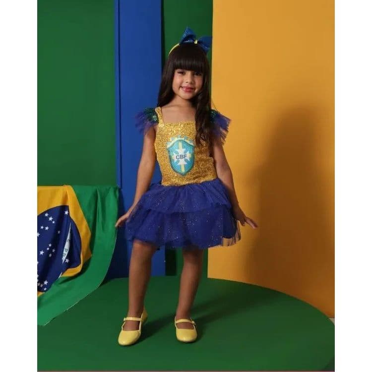 Fantasia Brasil Infantil Menina Vestido Verde Amarelo Tule Carnaval Festa Junina Copa do Mundo Aniversário