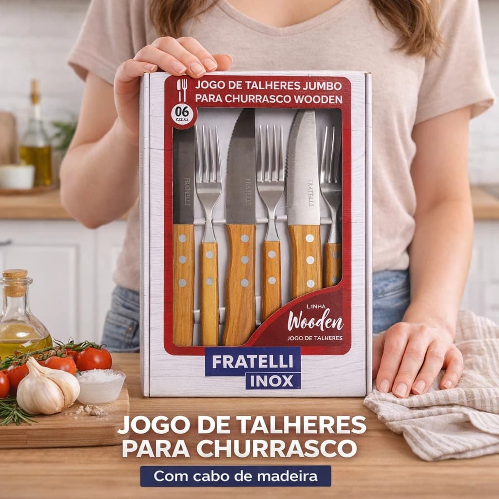 Kit Churrasco 6 Peças Aço Inox Cabo Madeira Talheres BBQ