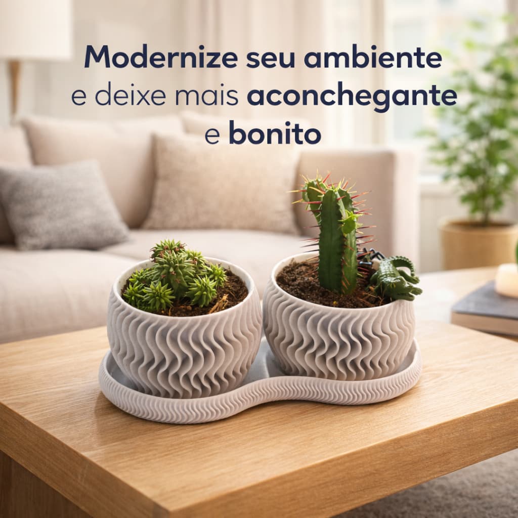 Kit Vaso Moderno com Suporte Ideal para Suculentas e Cactos Compacto | Kit Completo 2 Vasos + Base Organização
