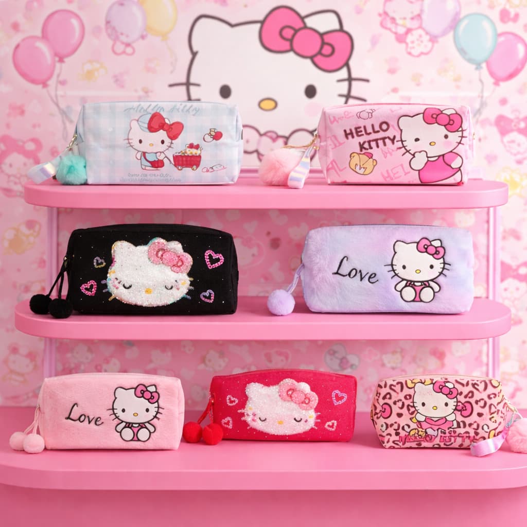 Estojos Hello Kitty Multiuso Necessaire Com Pompom Bolsinha Estilo Kawaii