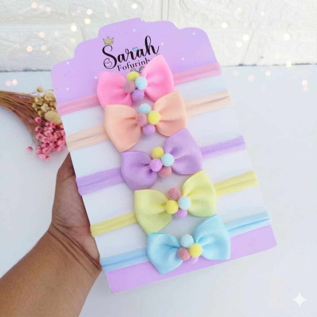 kit  5 faixinhas  de bebê com pompom/laço RN/laço na faixa para bebê RN/laço de cabelo infantil