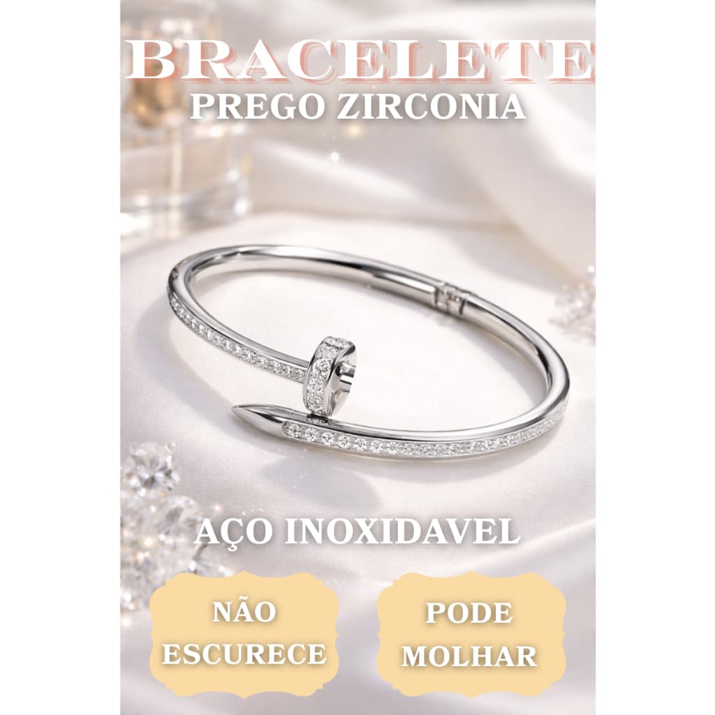 Bracelete Prego Inspiração Grifre Aço Inoxidavel 316L com Zirconia Prata Premium | Não Enferruja