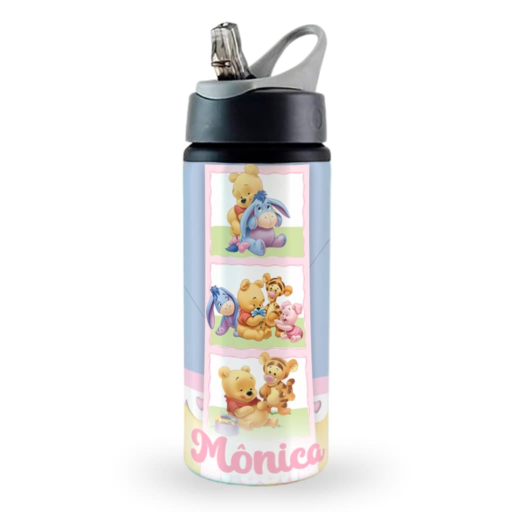 Garrafa squeeze escolar alumínio Ursinho Pooh personalizada com nome