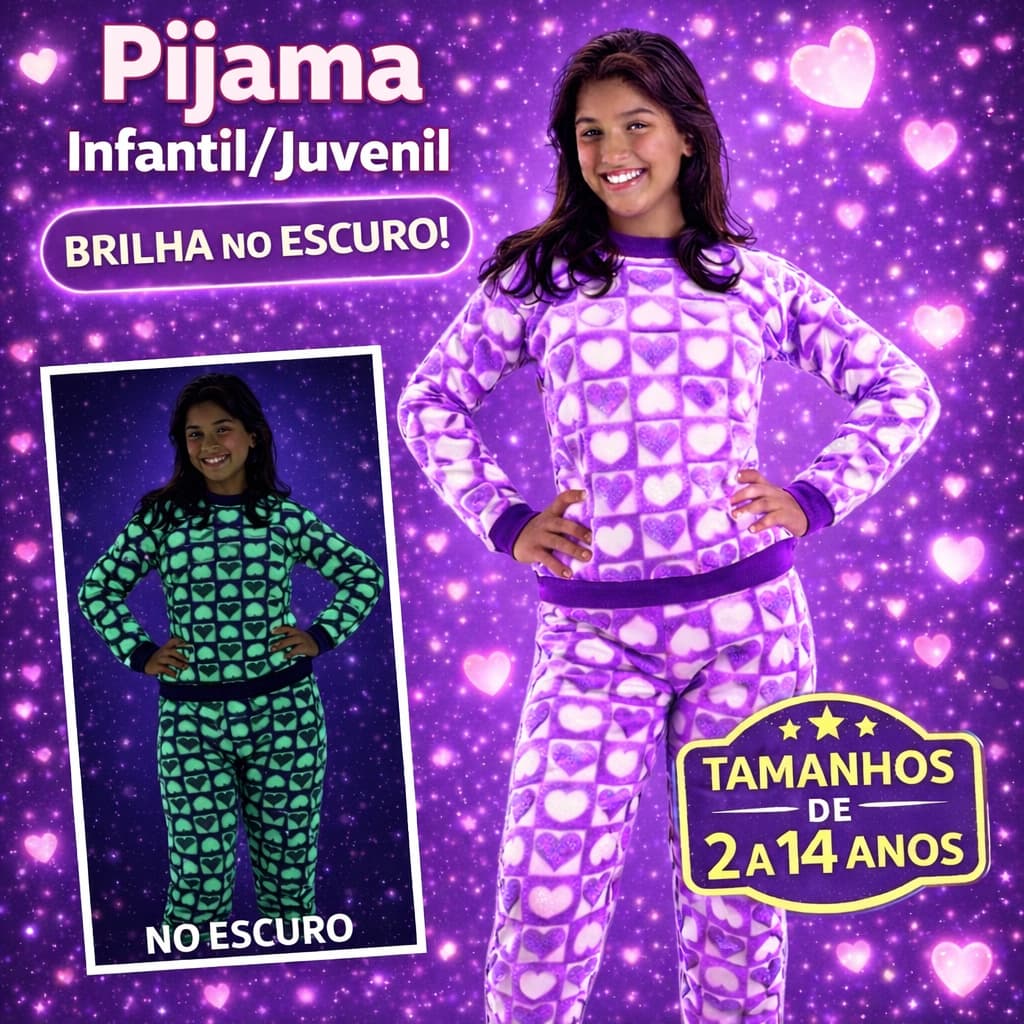 Pijama Infantil Inverno Peluciado Brilha no Escuro Fleece Menina Manga Comprida Tamanho 2 ao 14 Anos