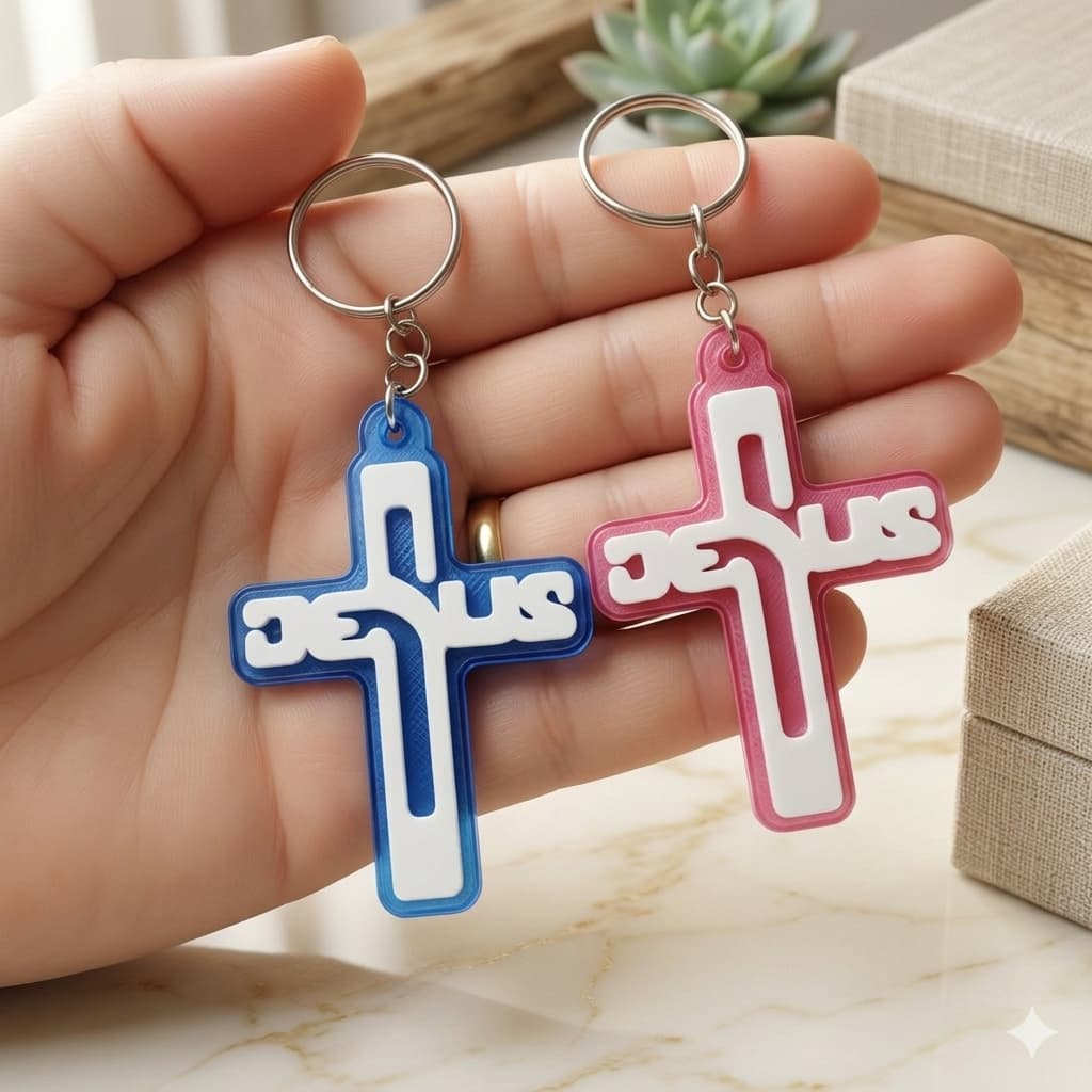 Chaveiros Cruz de Jesus Lembrancinha Batizado, Eucaristia, Crisma, Nascimento - Rosa ou Azu