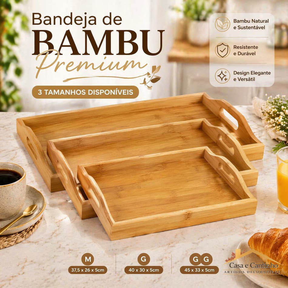 Bandeja Organizadora de Bambu Para Servir Café Chá Petiscos Frios Moderna Design Elegante