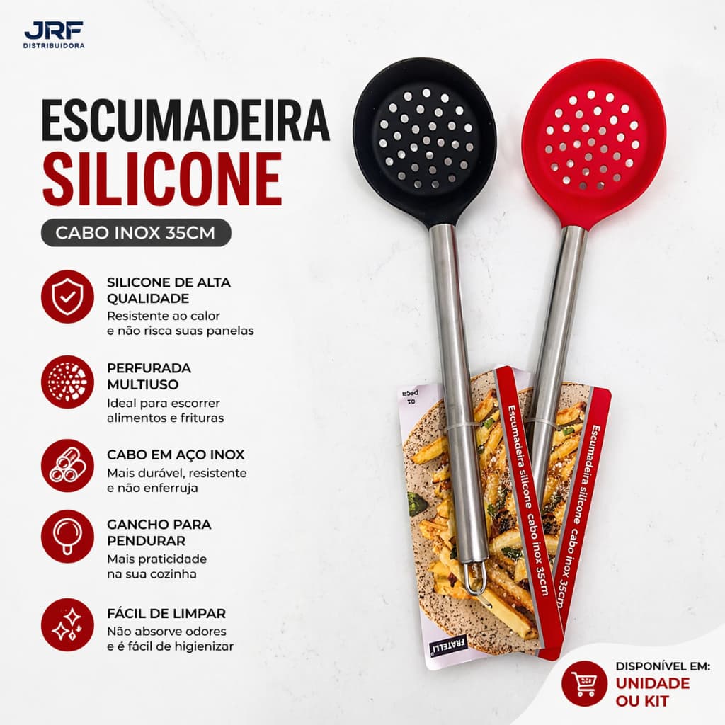 Escumadeira Silicone Cabo Inox 35cm Fratelli Unidade Ou Kit Cores Variadas