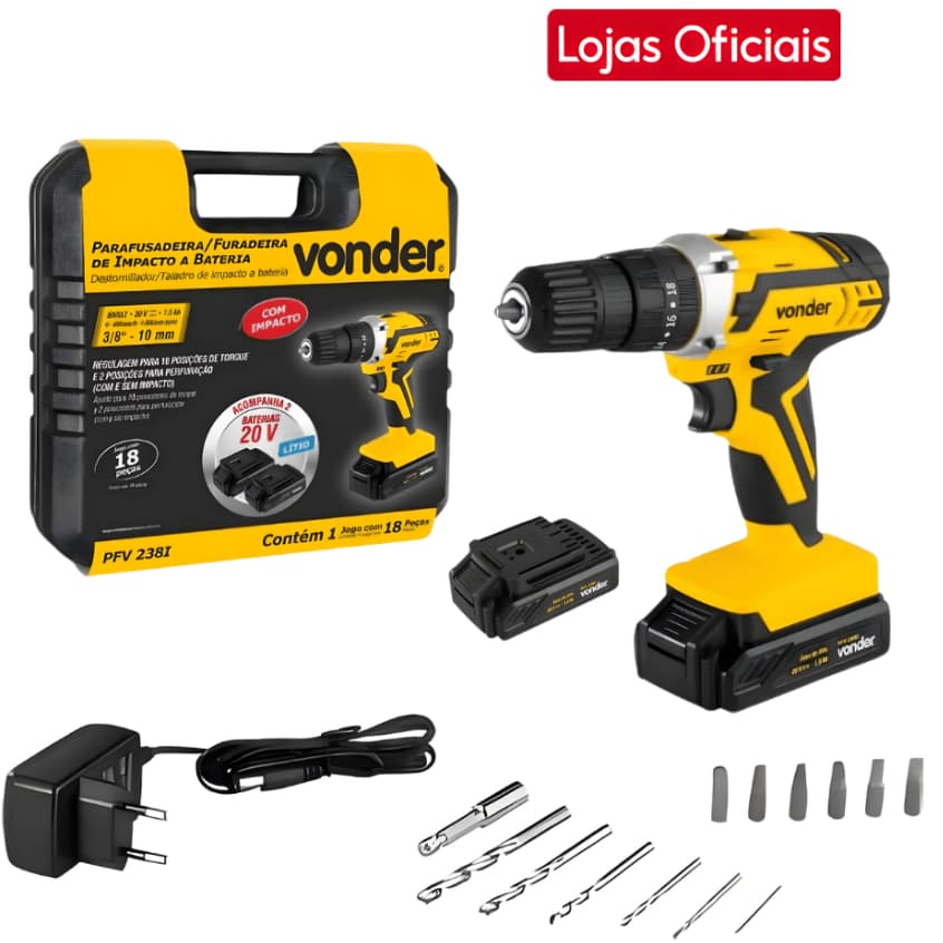 Parafusadeira Furadeira de Impacto Vonder 20V 1,5A PFV238I com 2 Baterias e Maleta Bivolt