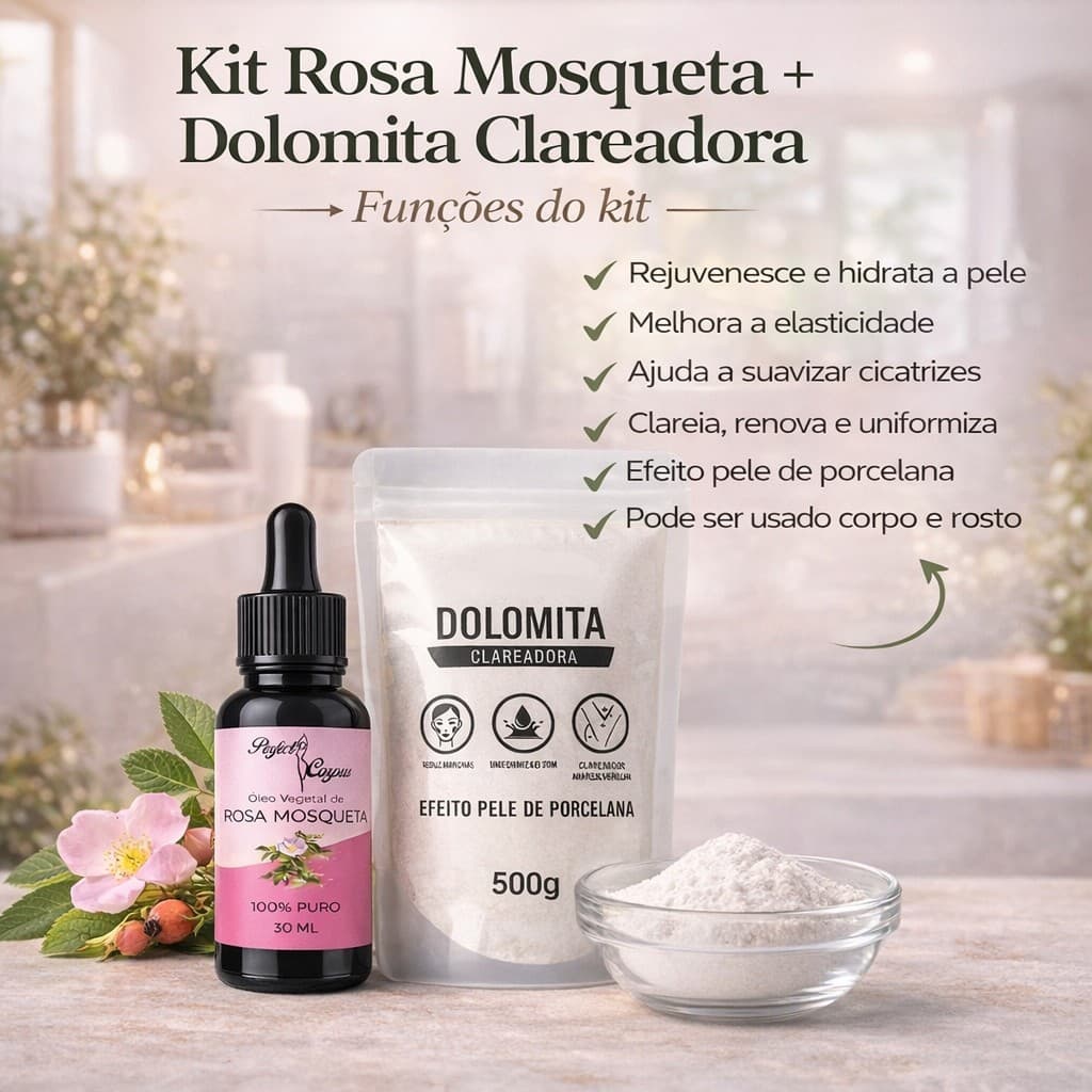 Rosa Mosqueta 30ml + Dolomita Clareadora 500g Clareia Manchas Hidrata Revitaliza Pele Uniforme Iluminada Natural Premium