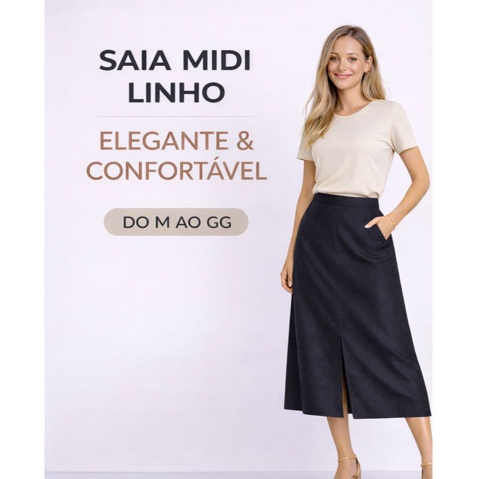 Saia Midi de Linho Feminina Elegante Com Bolso Fenda e Elástico Atrás Confortável M ao GG