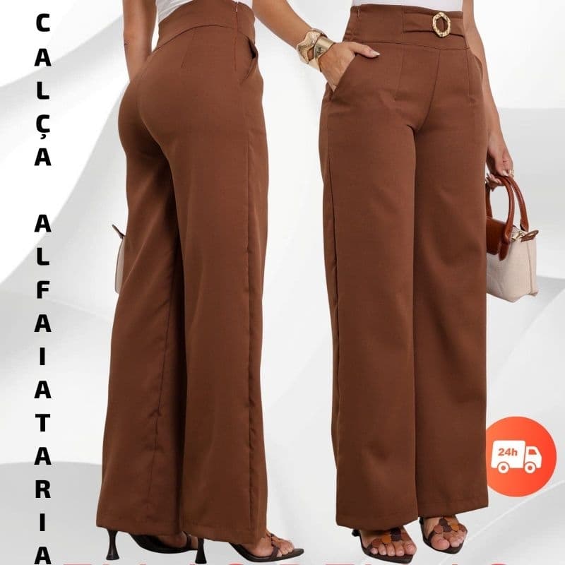 Calça Pantalona Femenina alfaiataria premiun  elegante c/ detalhe  fibela dourado