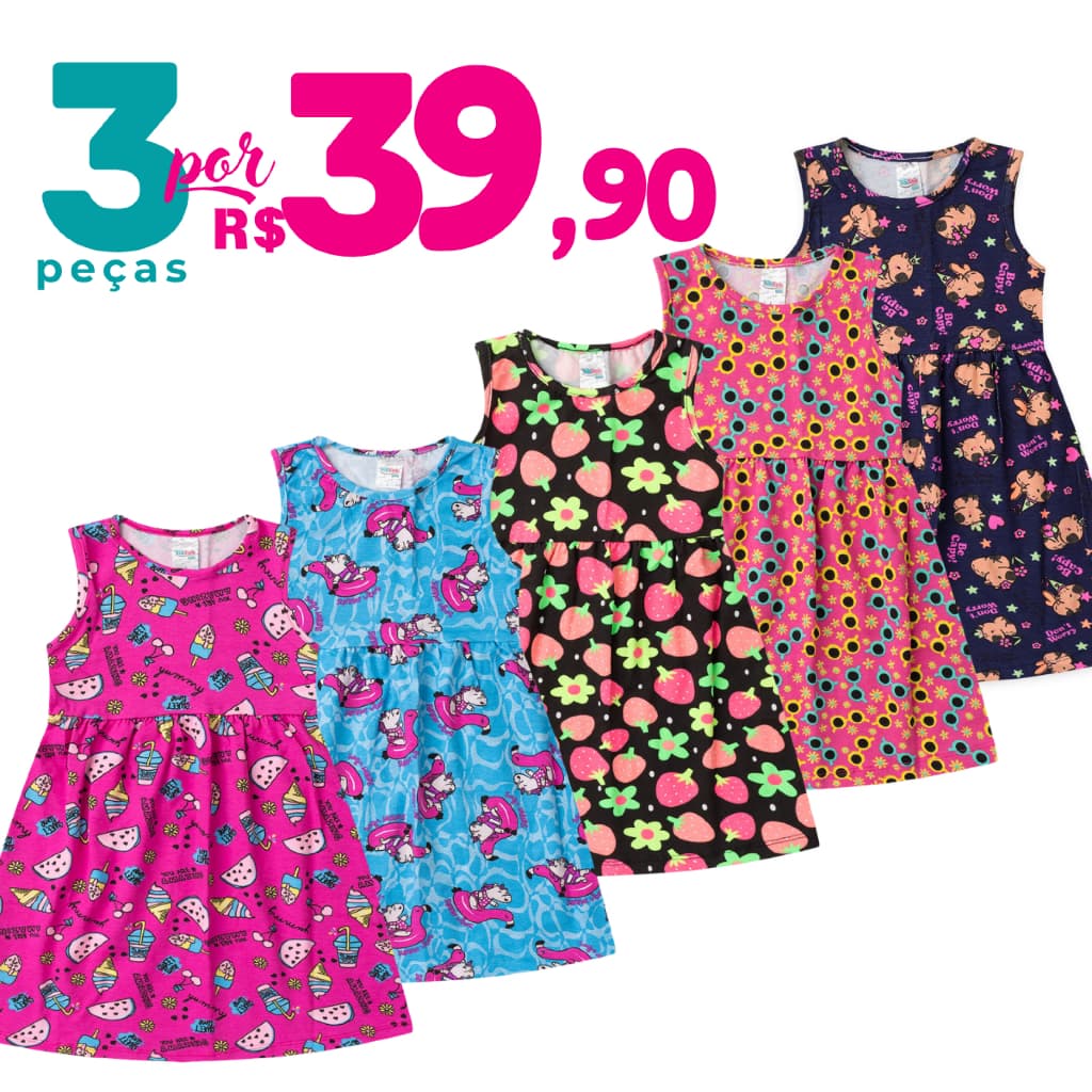 Kit 3 Peças de Vestido Infantil De Cotton Algodão Sortidos