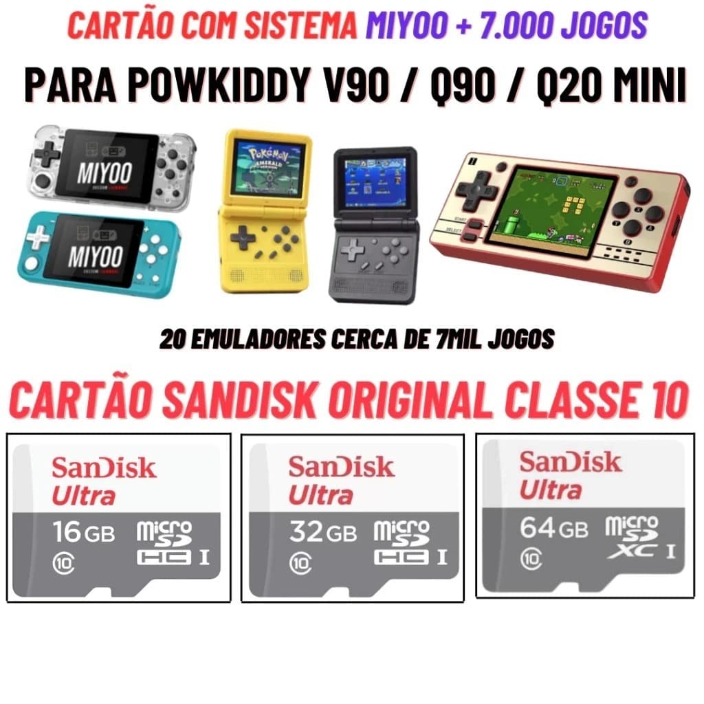 Cartão Original para Powkiddy Q90 / V90 / Q20 Mini com Sistema Miyoo e Jogos só Plugar e Jogar Cartão Original Classe 10