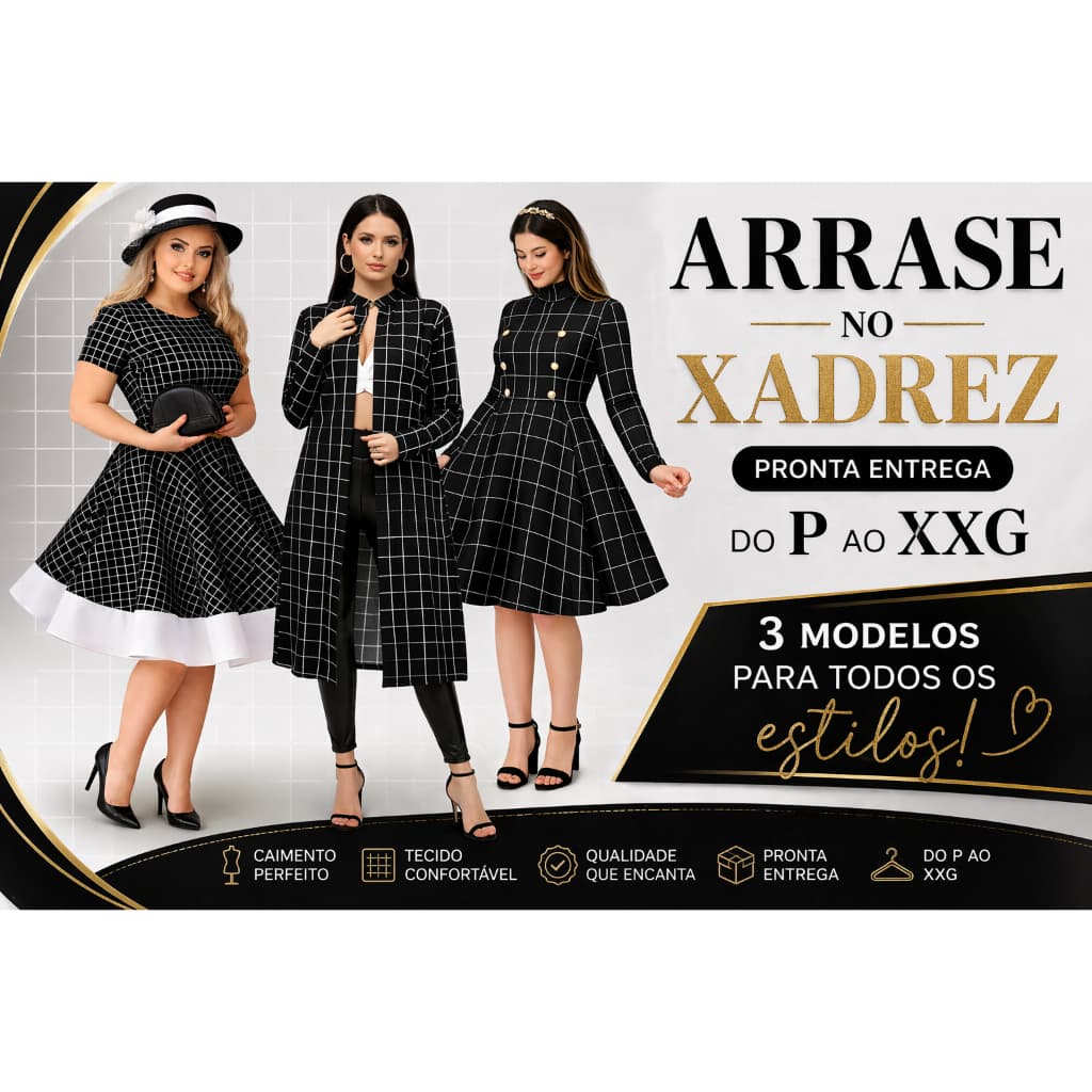 Vestido Feminino Plus Sise Tubinho Preto Moda Evangélica gospel Casual Festa Casaco ou Vestido xadrez Quadrilha