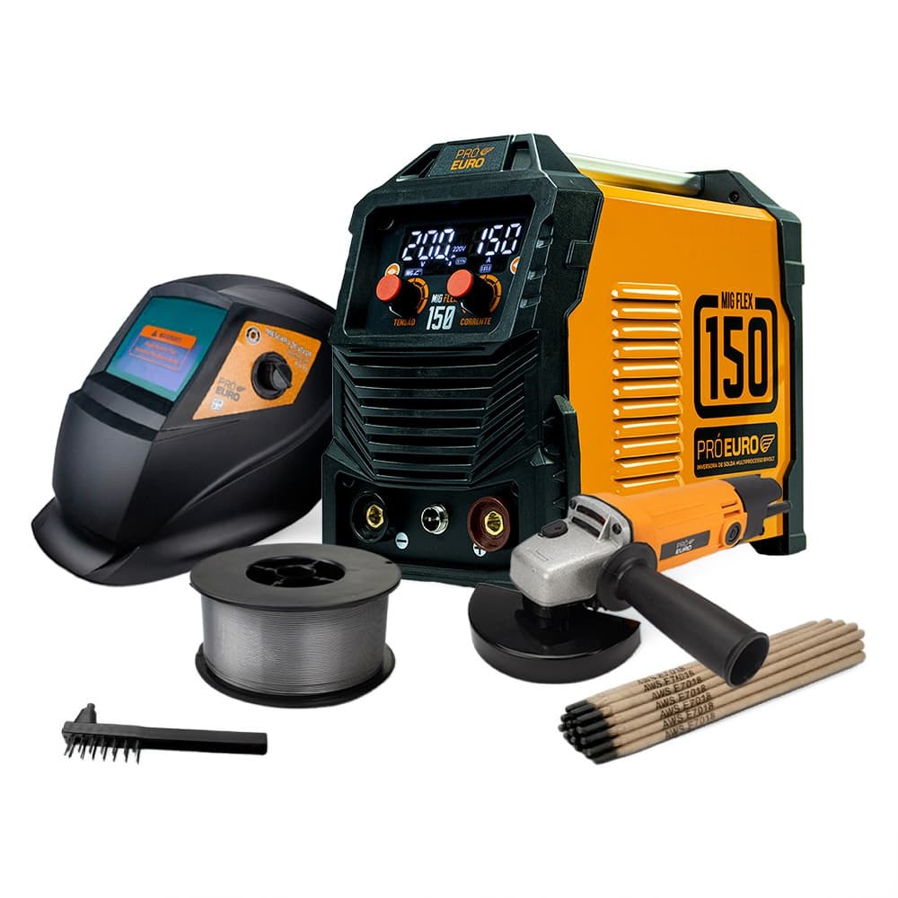 Kit Máquina Solda 3 em 1 MIG 150A Máscara Automática Arame 1kg Esmerilhadeira 220V Eletrodo Pró Euro