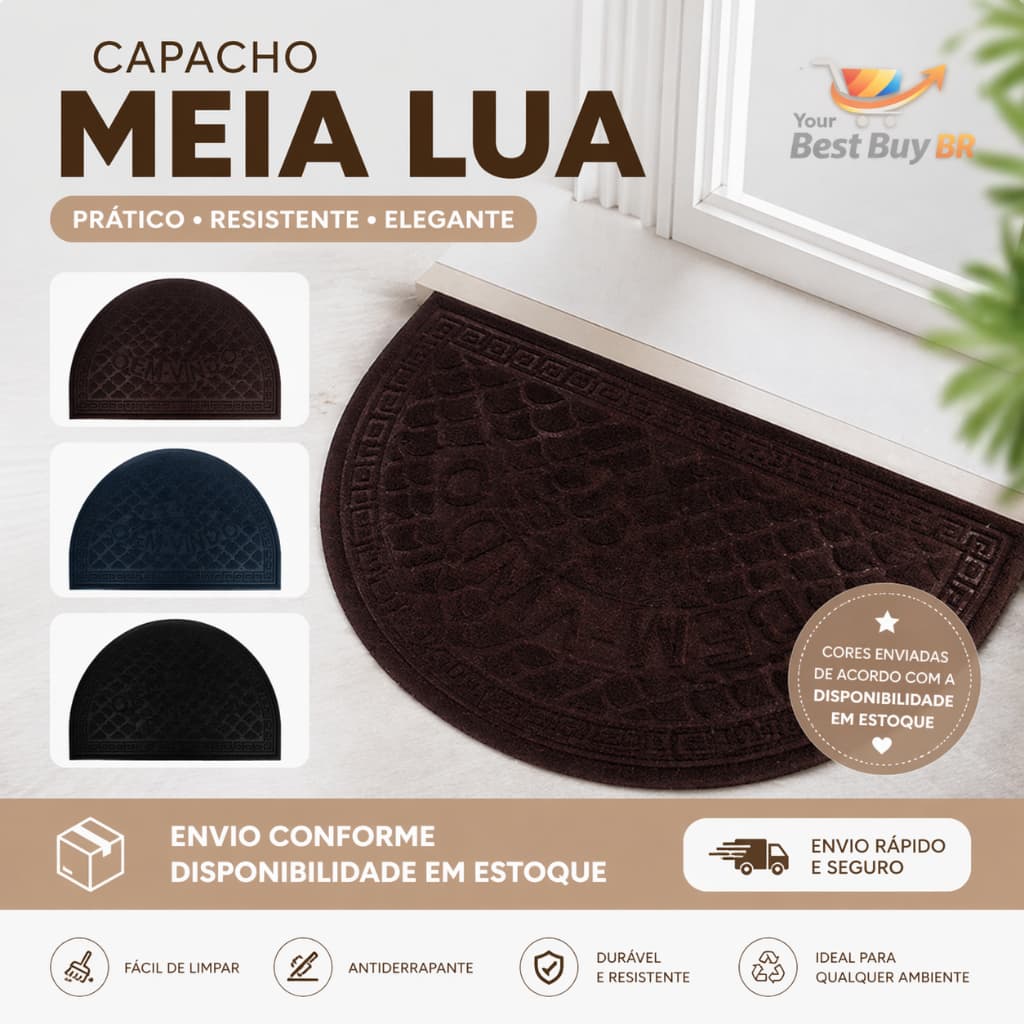 Tapete Capacho Meia Lua Antiderrapante Absorvente StepClean Pro™ Entrada Casa Porta 58x37
