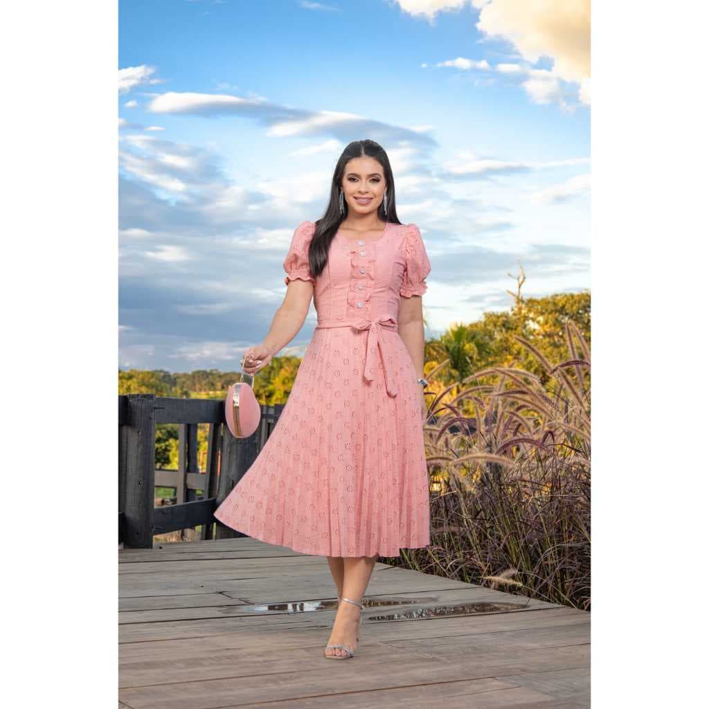 Vestido Carol Midi com Manga Bufante e Cintura Marcada