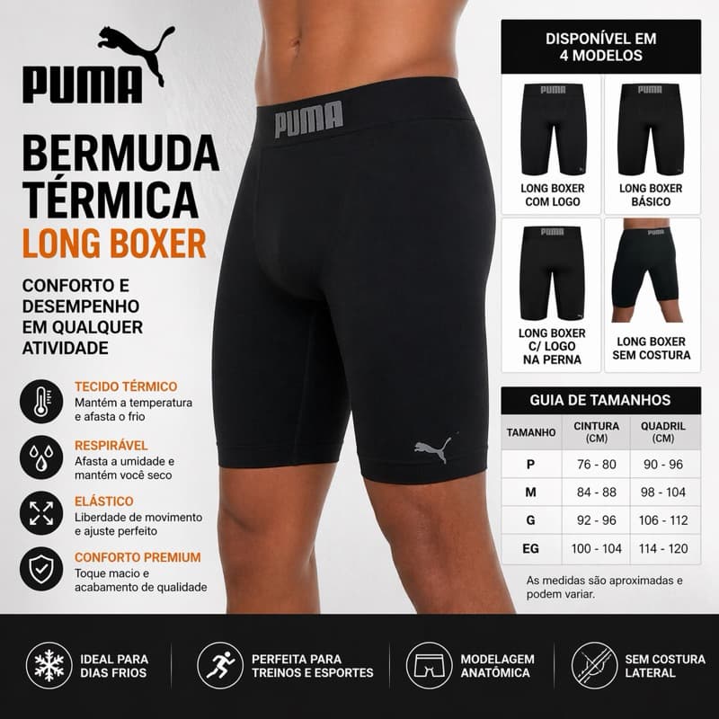 Bermuda Térmica Puma Long Boxer Original Masculina Compressão Dry Fit Conforto Treino Academia