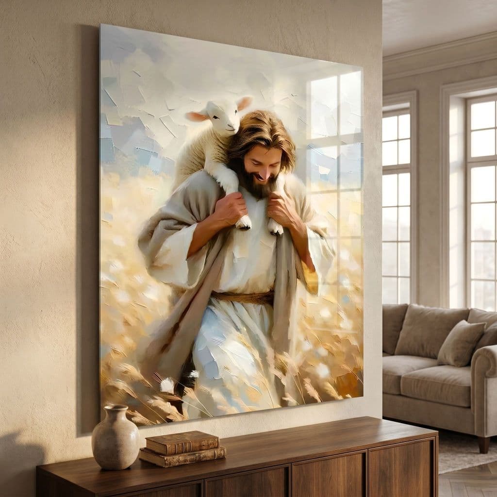 Quadro Decorativo 70x90cm Jesus Cristo Cordeirinho Decoração de Parede Hall Luxo Sala Quarto MDF