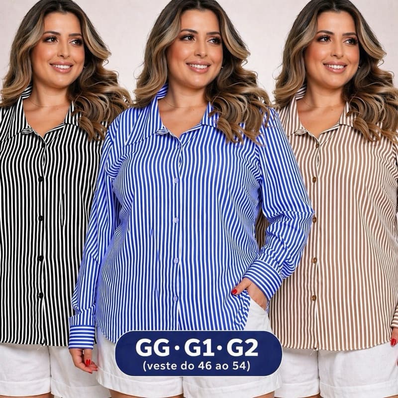 Camisa Plus Size Feminina Listrada Manga Longa Crepinho Social Elegante Não Amassa G1 G2