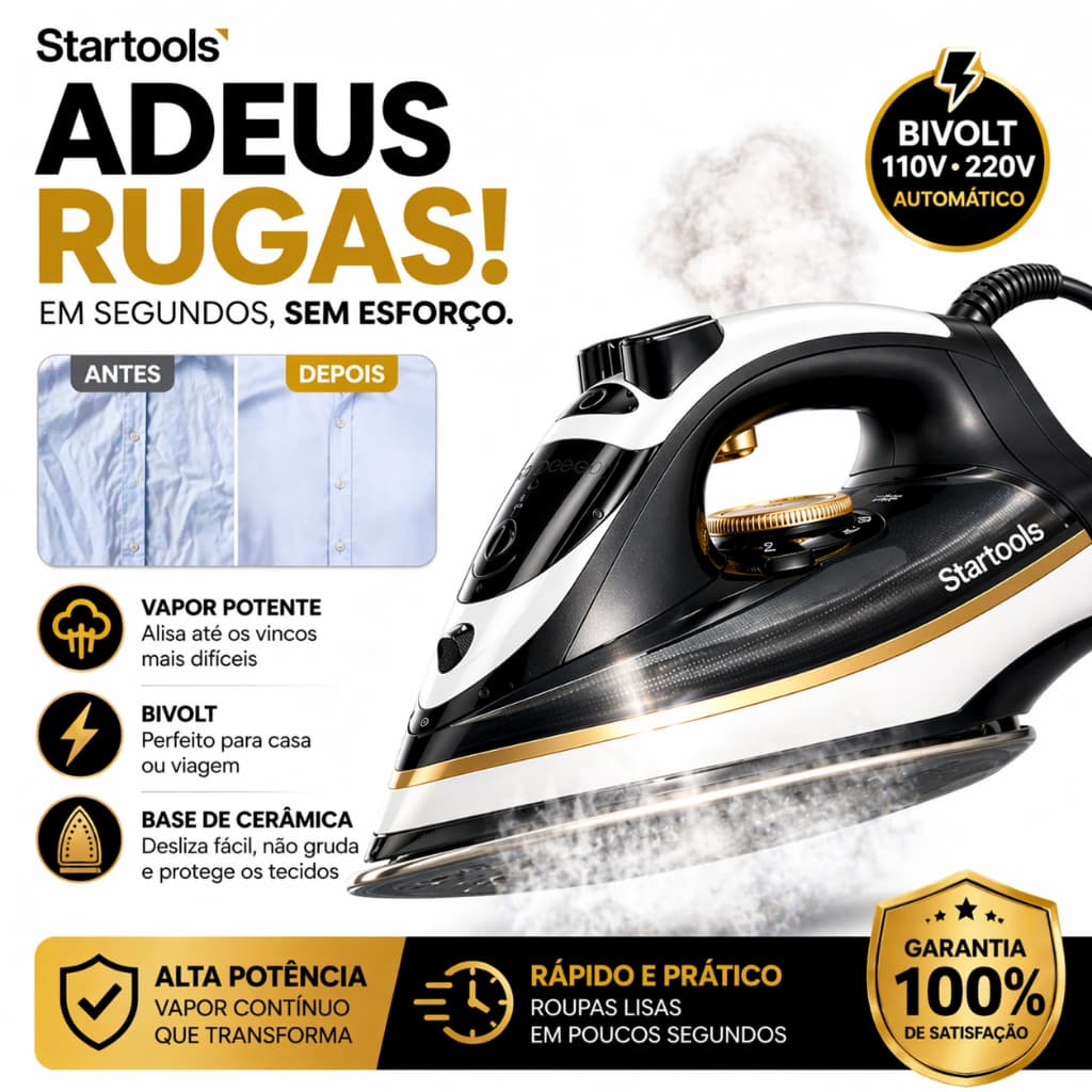 Ferro de passar - passadeira a vapor startools base ceramica antiaderente bivolt 110v 220v profissional. sem cansar