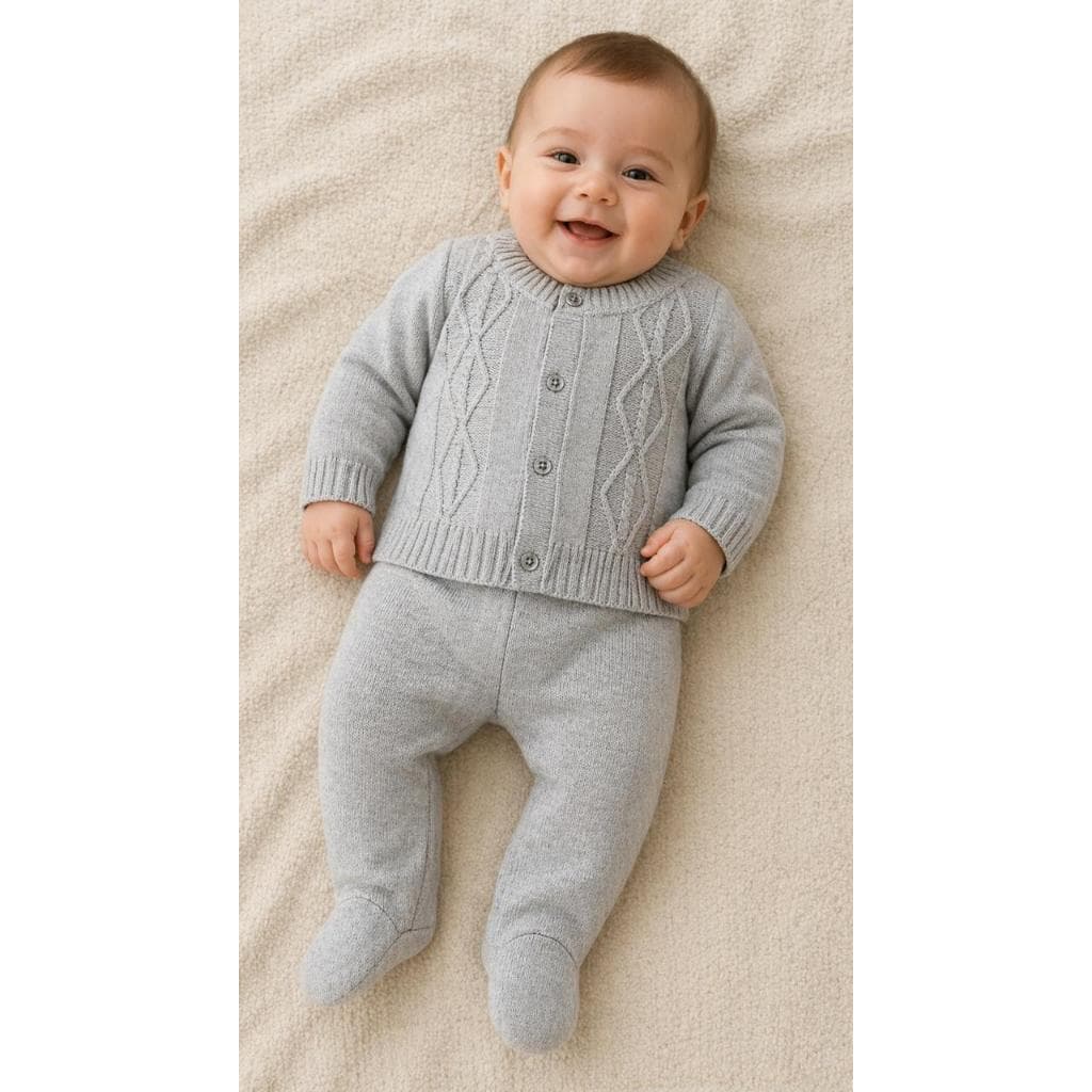 Conjunto Bebê Trança Recem Nascido Calça e Casaco RN Menino Tricô Infantil