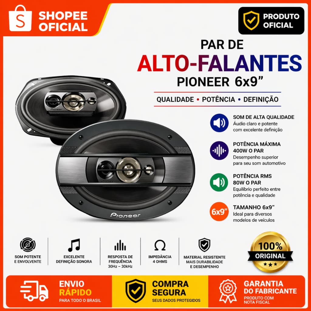 Alto Falante 4 Vias Pioneer Quadriaxial 6x9 Polegadas – RMS 150 W