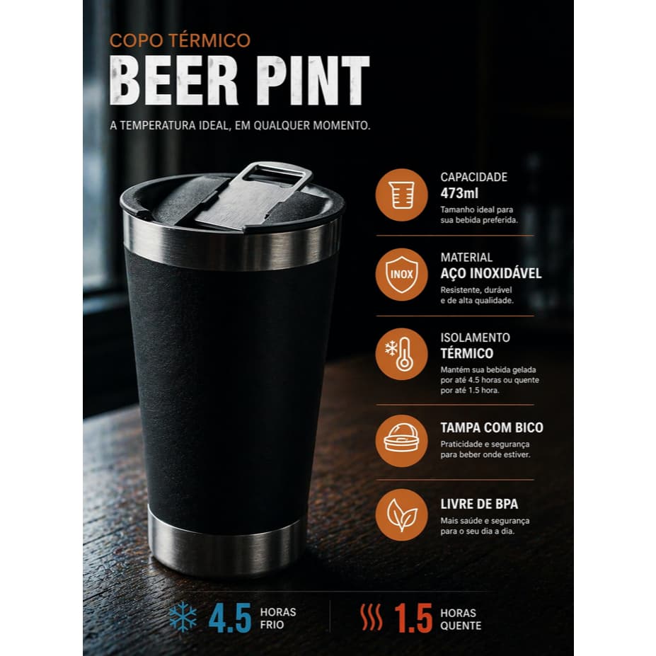 Copo Térmico Cerveja Com Tampa E Abridor Inox 473ml Original Bebida Gelada Por Mais Tempo